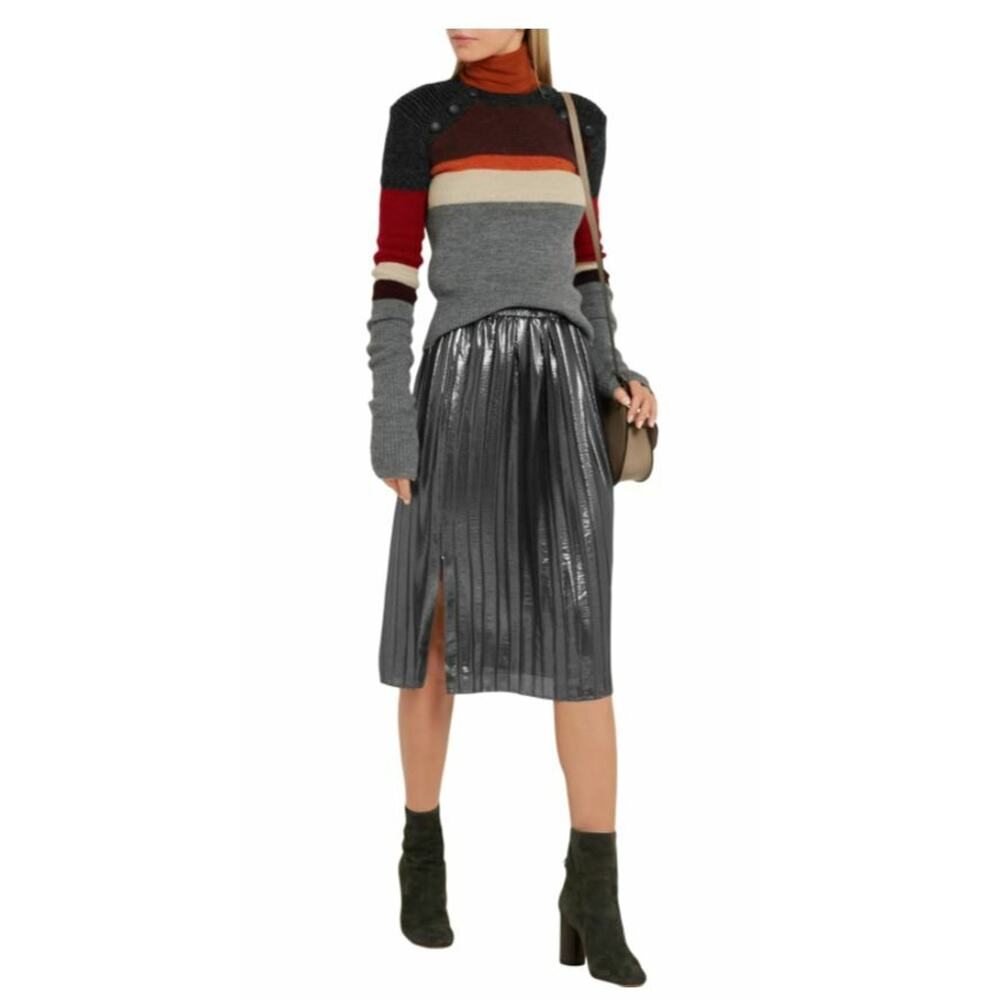 ISABEL MARANT ÉTOILE Madlen Pleated Lamé Midi Skirt Silver Farfetch L NWT $405